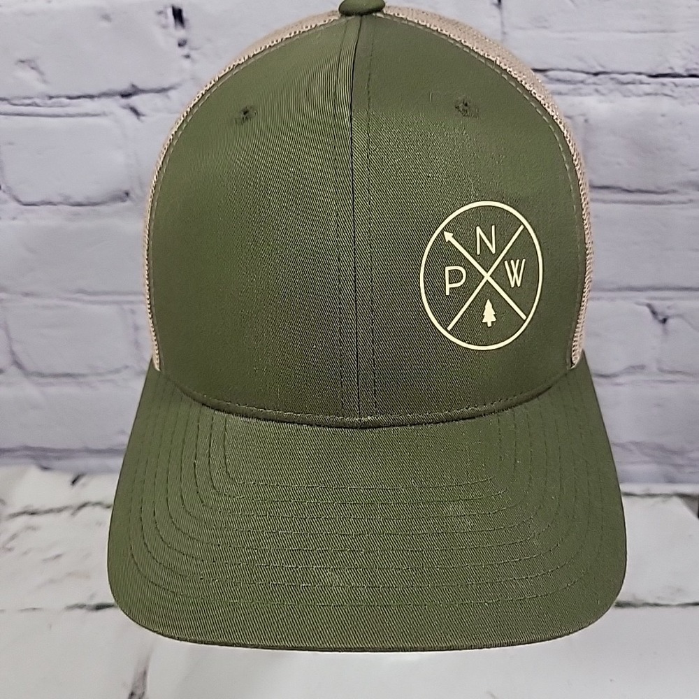 PNW Compass Logo Hat Mens One Size Army Green Trucker Mesh Yupoong Snapback Cap